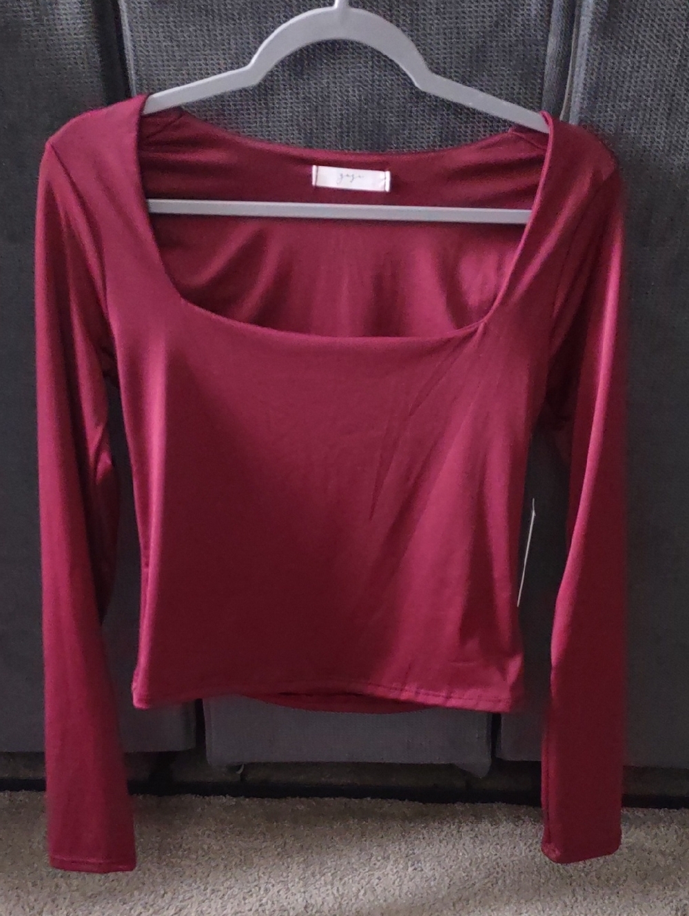 Square Neck Long Sleeve Top, Stretch, Burgundy, New With Tags